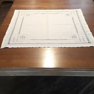 Vintage 32" sq. white tablecloth with beautiful gathered thread design.